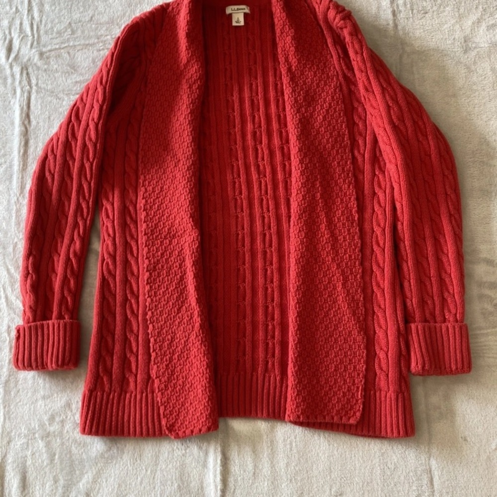 L L Bean Cardigan Sweater Womens Small Red Cable Knit Open